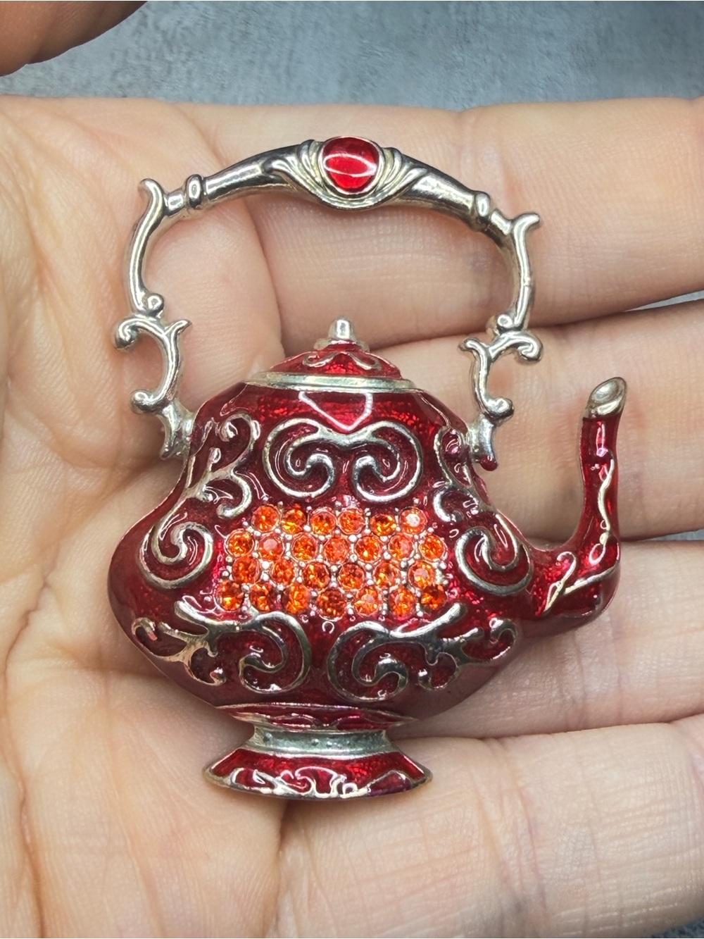Teapot Brooch Rhinestone Tea Kettle Red Enamel Silver Tone Pin Vintage Style